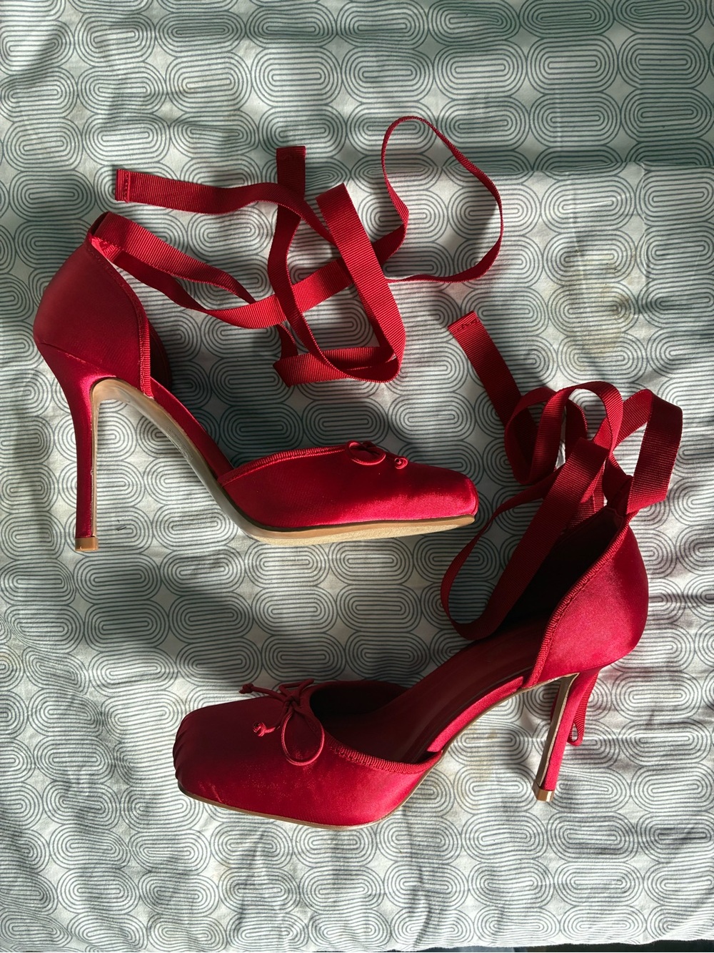 Anne Michelle Red Satin Lace-Up High Heel Pumps